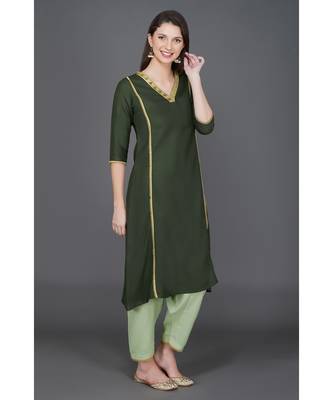 Winter festive dark green v neck kurta with gota embellishments and lace 2
