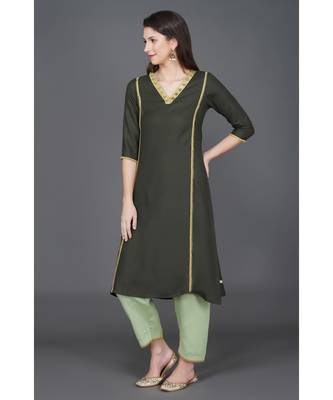 Winter festive dark green v neck kurta with gota embellishments and lace 3