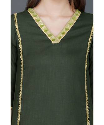 Winter festive dark green v neck kurta with gota embellishments and lace 4