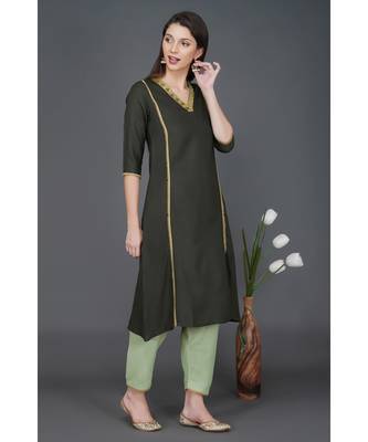 Winter festive dark green v neck kurta with gota embellishments and lace 5
