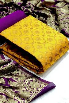  Yellow Banarasi silk Unstitched dress material