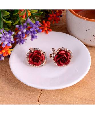 Red Floral Gold Plated Stylish Fancy Party Wear Earrings Cubic Zirconia Copper Stud Earring 1