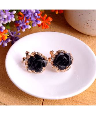 Black Floral Gold Plated Stylish Fancy Party Wear Earrings Cubic Zirconia Copper Stud Earring 1