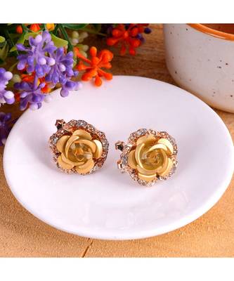 Golden Floral Gold Plated Stylish Fancy Party Wear Earrings Cubic Zirconia Copper Stud Earring 1