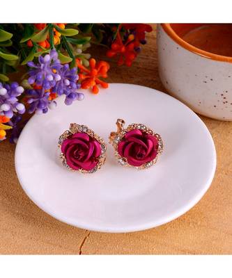 Pink Floral Gold Plated Stylish Fancy Party Wear Earrings Cubic Zirconia Copper Stud Earring 1