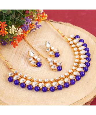 GOLD PLATED With Blue Pearl DESIGNER Kundan Necklace Set With Mang Tika 1