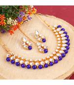 GOLD PLATED With Blue Pearl DESIGNER Kundan Necklace Set With Mang Tika