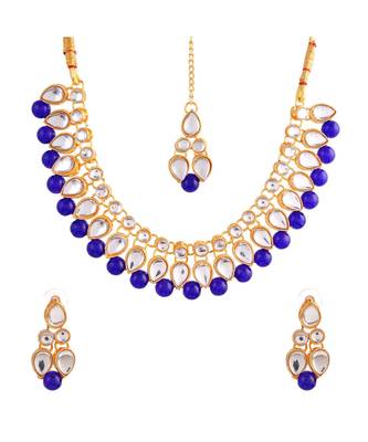 GOLD PLATED With Blue Pearl DESIGNER Kundan Necklace Set With Mang Tika 2