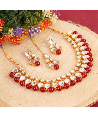 GOLD PLATED With Maroon Pearl DESIGNER Kundan Necklace Set With Mang Tika 1