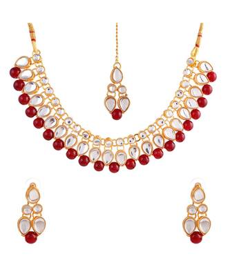 GOLD PLATED With Maroon Pearl DESIGNER Kundan Necklace Set With Mang Tika 2