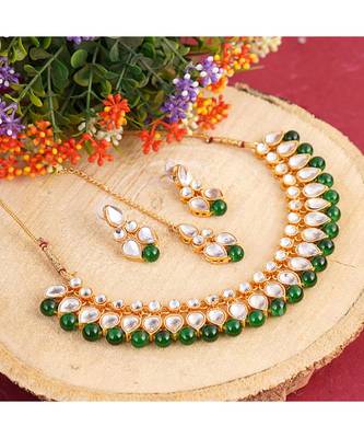 GOLD PLATED With Green Pearl DESIGNER Kundan Necklace Set With Mang Tika 1