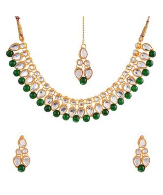 GOLD PLATED With Green Pearl DESIGNER Kundan Necklace Set With Mang Tika 2