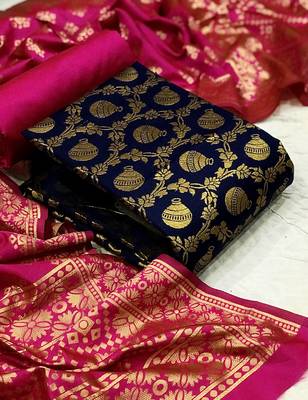  N blue Banarasi silk Unstitched dress material 1