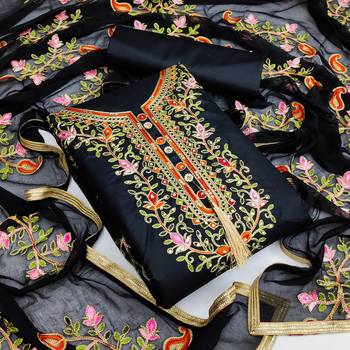 Black embroidered cotton unstitch straight dress top & bottom with dupatta 1