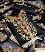 Black embroidered cotton unstitch straight dress top & bottom with dupatta