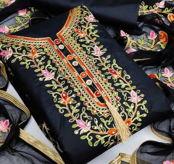 Black embroidered cotton unstitch straight dress top & bottom with dupatta 2