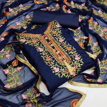 Blue embroidered cotton unstitch straight dress top & bottom with dupatta 1
