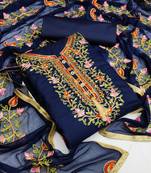 Blue embroidered cotton unstitch straight dress top & bottom with dupatta