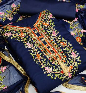 Blue embroidered cotton unstitch straight dress top & bottom with dupatta 2