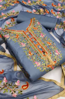Grey embroidered cotton unstitch straight dress top & bottom with dupatta