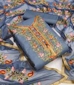 Grey embroidered cotton unstitch straight dress top & bottom with dupatta