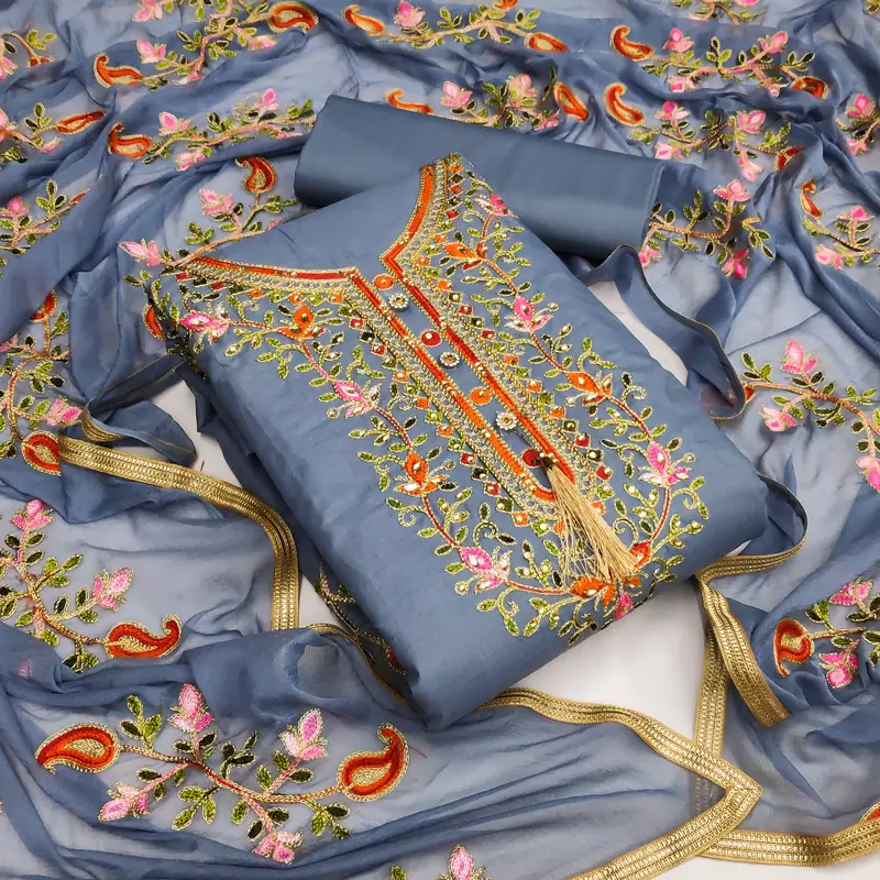 Grey embroidered cotton unstitch straight dress top & bottom with dupatta