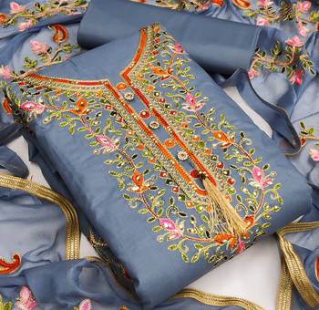 Grey embroidered cotton unstitch straight dress top & bottom with dupatta 2