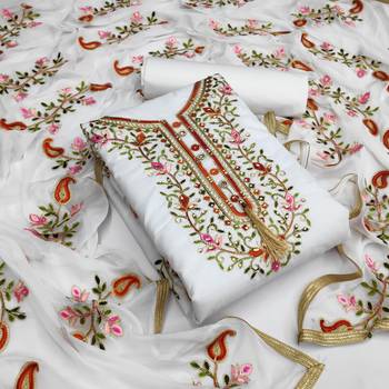 White embroidered cotton unstitch straight dress top & bottom with dupatta 1