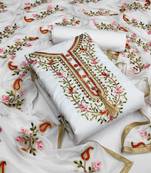 White embroidered cotton unstitch straight dress top & bottom with dupatta