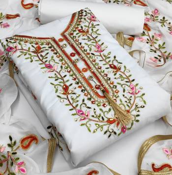 White embroidered cotton unstitch straight dress top & bottom with dupatta 2