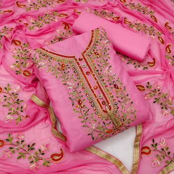Pink embroidered cotton unstitch straight dress top & bottom with dupatta 1