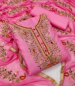 Pink embroidered cotton unstitch straight dress top & bottom with dupatta