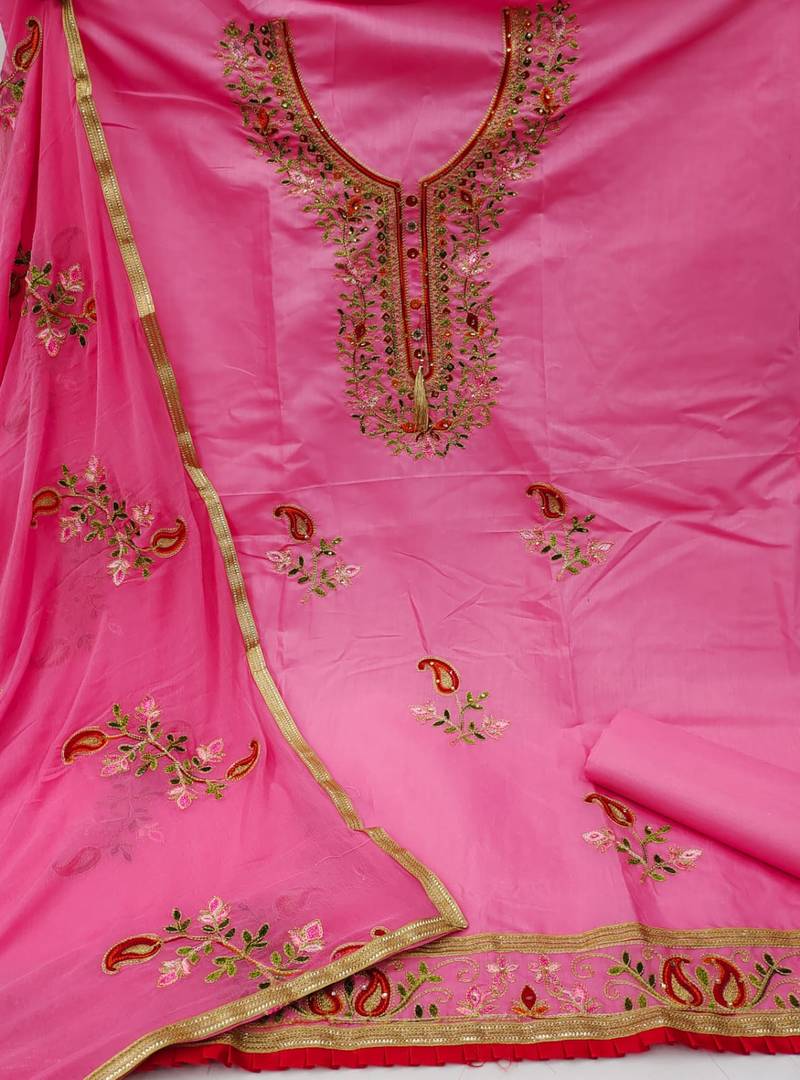 Pink embroidered cotton unstitch straight dress top & bottom with dupatta