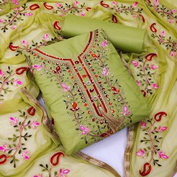 Pista embroidered cotton unstitch straight dress top & bottom with dupatta 1