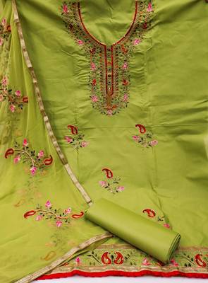 Pista embroidered cotton unstitch straight dress top & bottom with dupatta 2