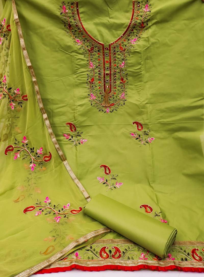 Pista embroidered cotton unstitch straight dress top & bottom with dupatta