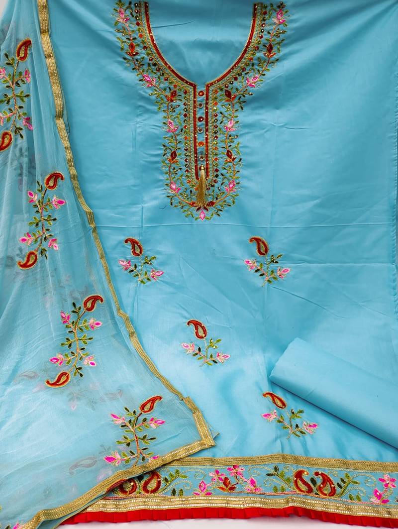 Sky embroidered cotton unstitch straight dress top & bottom with dupatta