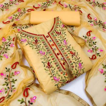 Yellow embroidered cotton unstitch straight dress top & bottom with dupatta 1