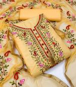Yellow embroidered cotton unstitch straight dress top & bottom with dupatta