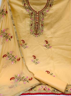 Yellow embroidered cotton unstitch straight dress top & bottom with dupatta 2