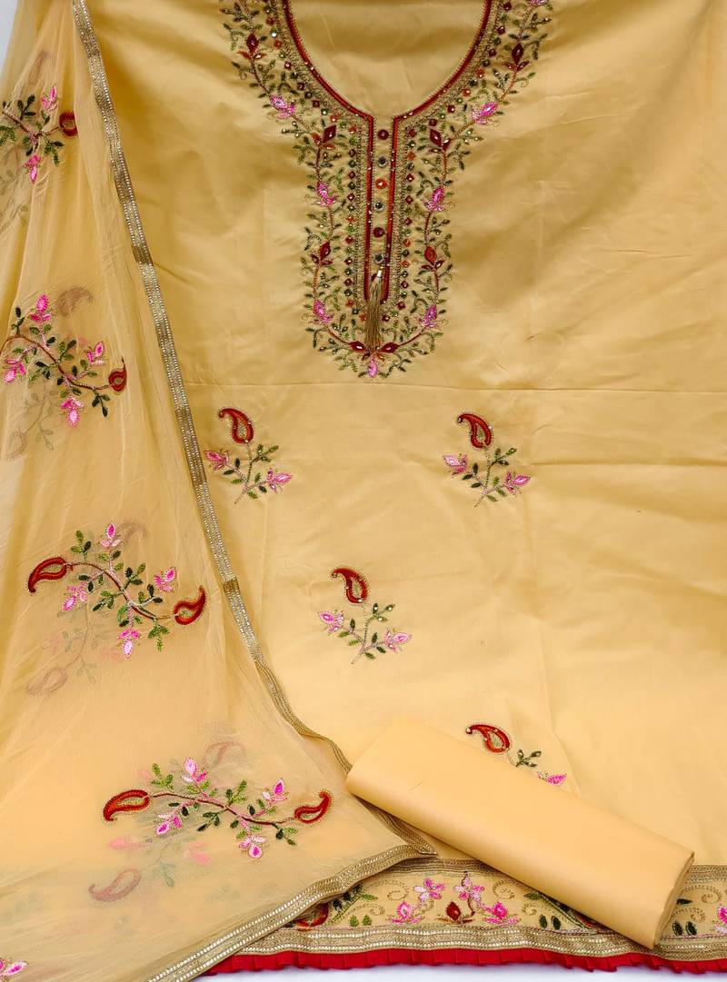 Yellow embroidered cotton unstitch straight dress top & bottom with dupatta