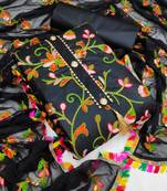Black embroidered cotton unstitch straight dress top & bottom with dupatta