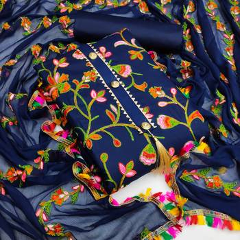 Blue embroidered cotton unstitch straight dress top & bottom with dupatta 1