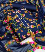 Blue embroidered cotton unstitch straight dress top & bottom with dupatta