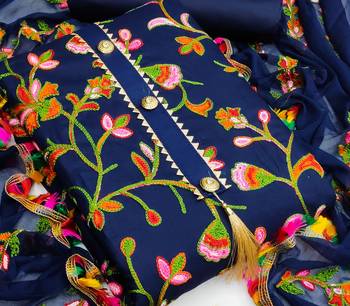 Blue embroidered cotton unstitch straight dress top & bottom with dupatta 2