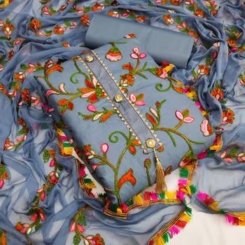 Grey embroidered cotton unstitch straight dress top & bottom with dupatta 1