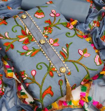 Grey embroidered cotton unstitch straight dress top & bottom with dupatta 2