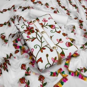 White embroidered cotton unstitch straight dress top & bottom with dupatta 1