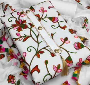 White embroidered cotton unstitch straight dress top & bottom with dupatta 2