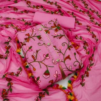 Pink embroidered cotton unstitch straight dress top & bottom with dupatta 1